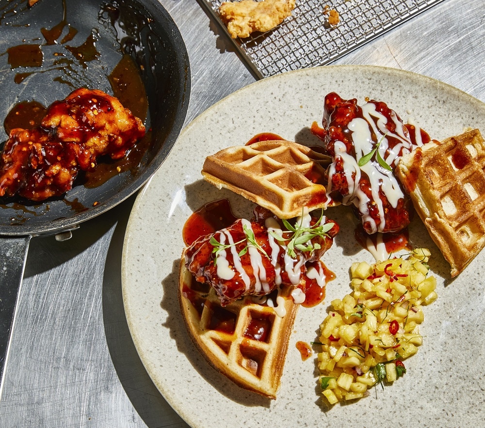 Spicy Asian-Glazed Fried Chicken & Waffles with Maple Mayonnaise Spicy Asian-Glazed Fried Chicken & Waffles with Maple Mayonnaise